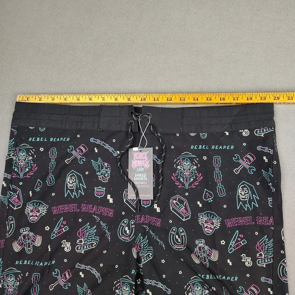 Rebel Reaper Boardshorts Swim Trunks Men 2XL Black Neon Tattoo Print Biker New